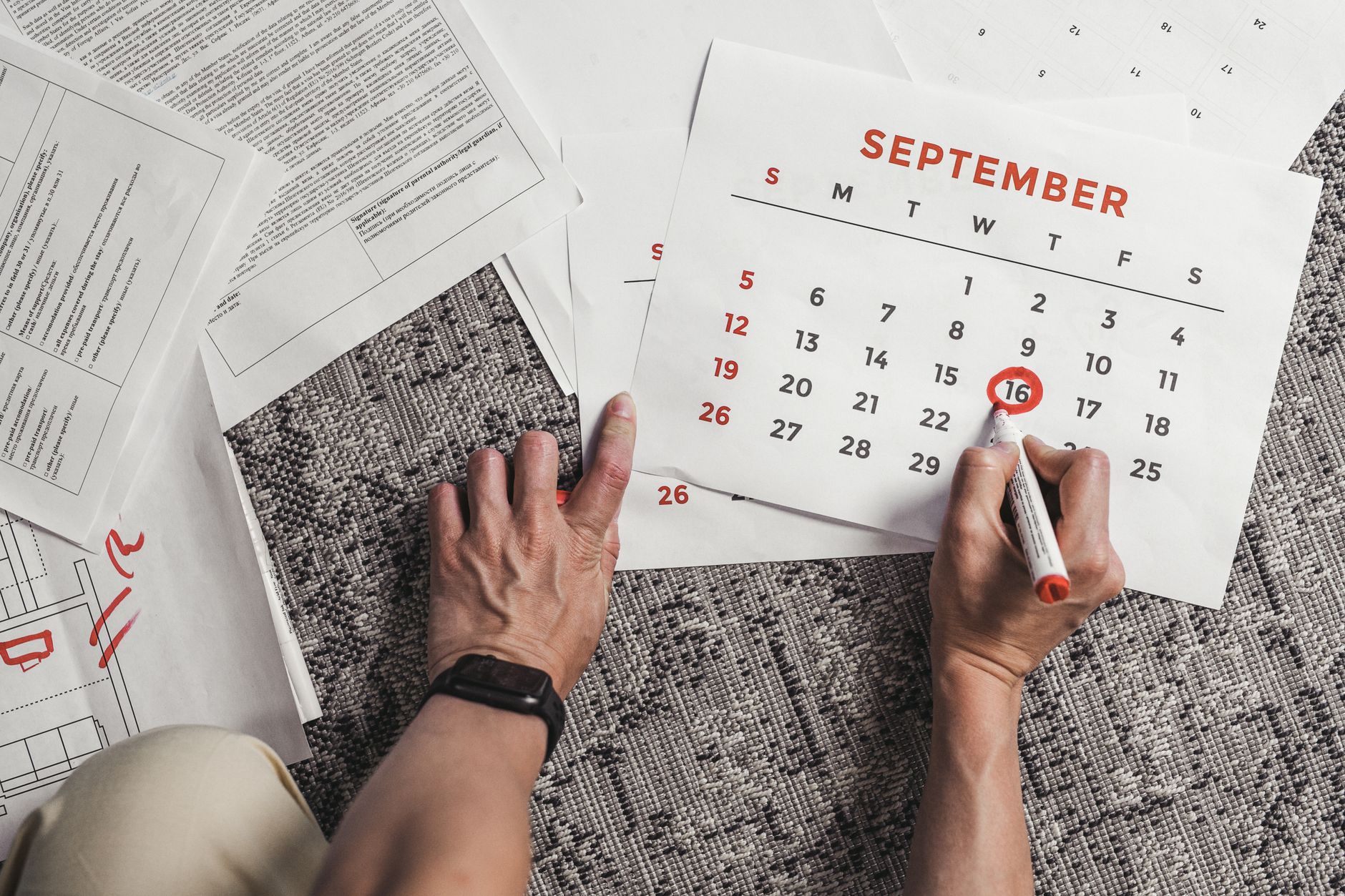 Consultant reviewing calendar with themed blocks for clients